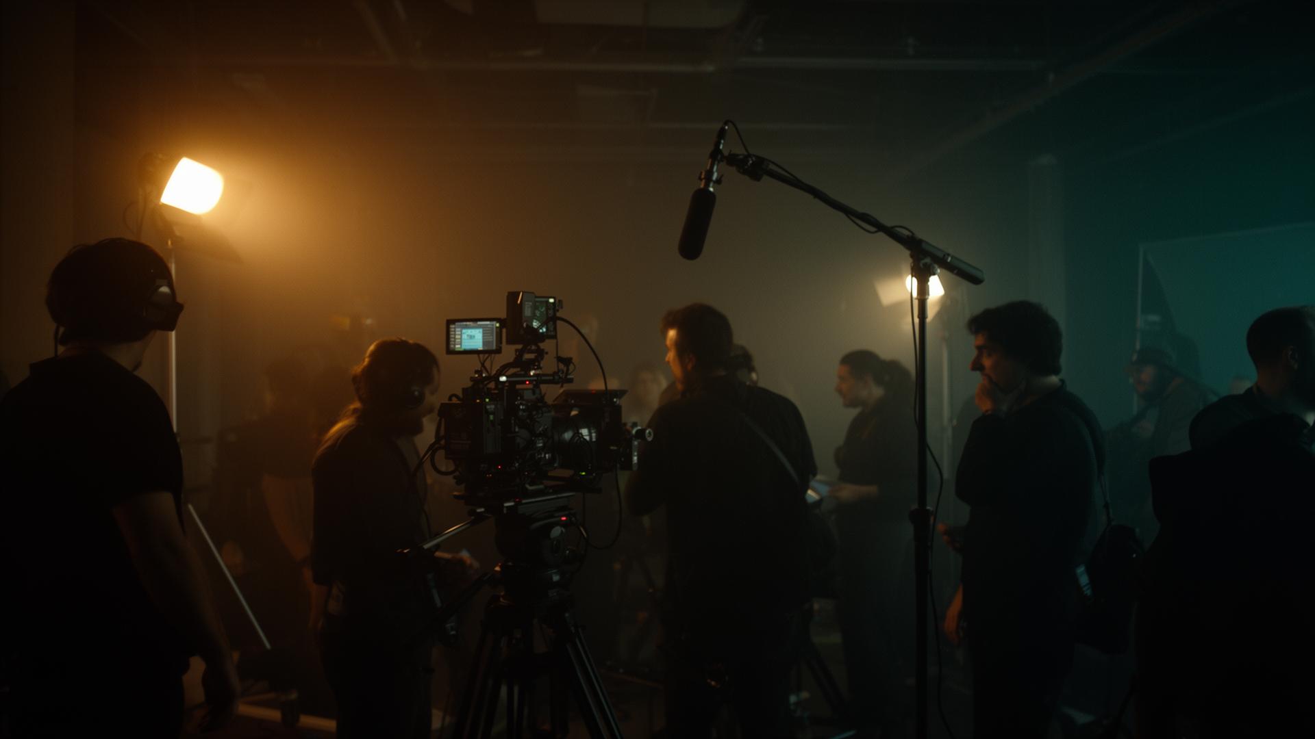 Film set at work — camera, boom and crew under tungsten light